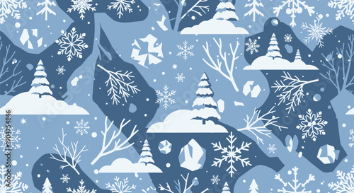 Stylized blue winter holiday vector pattern featuring repeated snow-covered evergreen trees, ornate white snowflakes, frosty bare branches, and geometric polygonal ice elements.