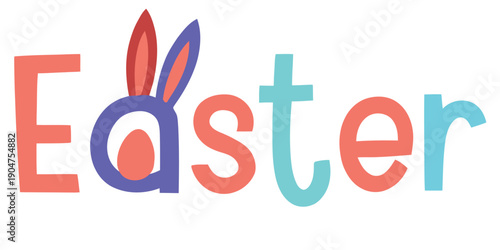 Easter typography text design, creative word with bunny ears and egg vector illustration