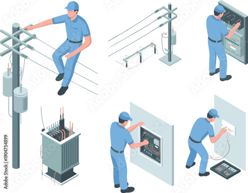 Isometric electrician maintenance illustration with power lines, transformer, control panels, electrical engineer working, energy infrastructure service vector design concept artwork
