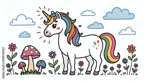 A colorful cartoon unicorn stands in a field of flowers and mushrooms under a cloudy sky