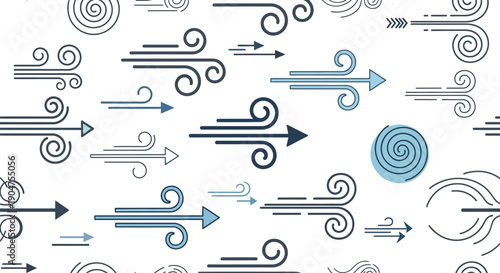 Vector seamless pattern featuring abstract weather and air movement symbols; dynamic design with arrows, swirling lines, and directional airflow icons in indigo and pale blue tints.