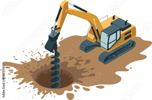 Isometric excavator drilling ground illustration with hydraulic auger heavy construction machinery industrial engineering vector for adobe stock usage design set