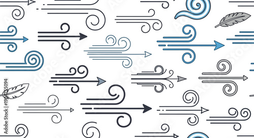 Abstract geometric vector seamless pattern featuring stylized airflow icons, motion arrows, and swirling wind symbols in modern blue and dark line art illustration on white.