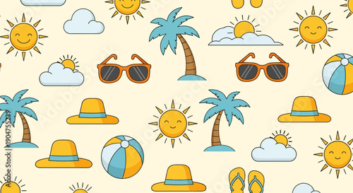 Seamless pattern of cartoon summer vacation icons, including smiling suns, tropical palm trees, orange sunglasses, yellow sun hats, clouds, and beach balls on a light beige background.