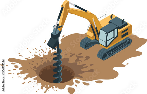 Isometric excavator drilling ground illustration with hydraulic auger heavy construction machinery industrial engineering vector for adobe stock usage design