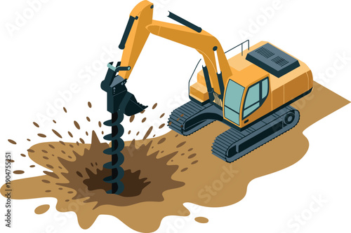 Isometric excavator drilling soil illustration with hydraulic auger heavy construction machinery industrial engineering vector for adobe stock design use
