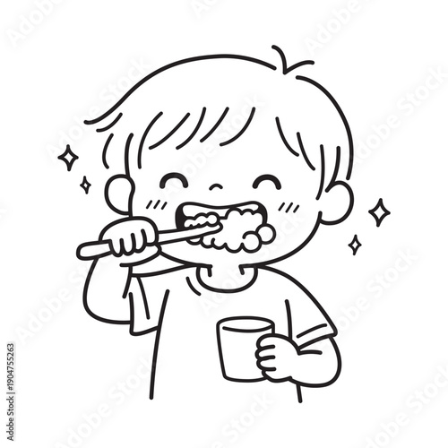 Cute Child Brushing Teeth with Toothbrush and Cup Line Art Vector Illustration