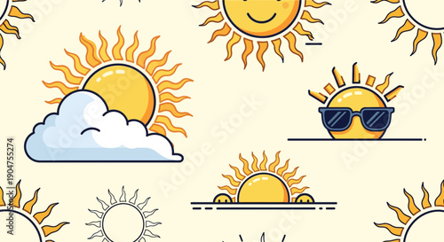 Seamless repeating pattern of cheerful cartoon sun icons and weather symbols, featuring smiling suns, sunglasses, partly cloudy, and rising suns, in a clean line art vector style.