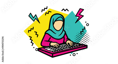 Vibrant Memphis style illustration of a diverse Muslim woman in hijab typing on a keyboard, symbolizing remote work, digital communication, and technology.