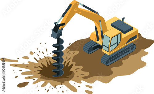 Isometric excavator drilling soil with hydraulic auger heavy construction machinery industrial engineering vector illustration for adobe stock use content design