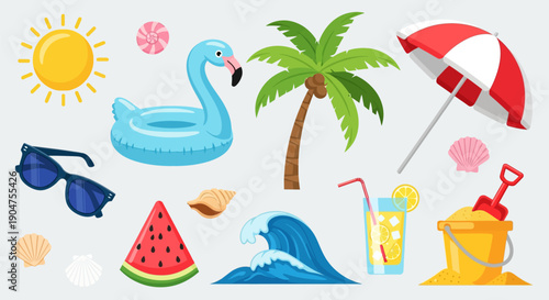 Detailed vector seamless pattern of bright summer vacation icons: smiling suns with sunglasses, ice cream, popsicles, beach balls, palm trees, and clouds in a flat design style.