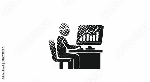 Man working at computer with stock market graph on screen, business analytics concept, minimalist icon