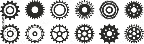 Collection of black gear and cogwheel silhouette icons mechanical engineering industrial machine elements isolated on white background