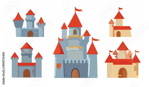 Cute fantasy castles with towers and flags in fairytale cartoon vector style collection