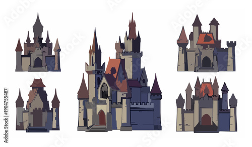 Gothic medieval fortress castles with tall towers and spires fantasy vector collection