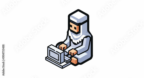 Isometric illustration of a person in traditional Middle Eastern attire using a laptop computer