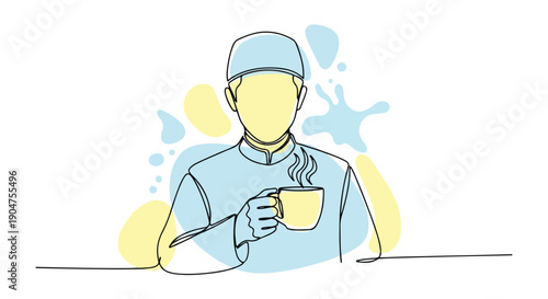 Muslim man in traditional clothing enjoying a cup of hot coffee, minimalist line art illustration