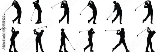 Collection of golfer silhouette poses showing golf swing actions black vector sports figures isolated on white background