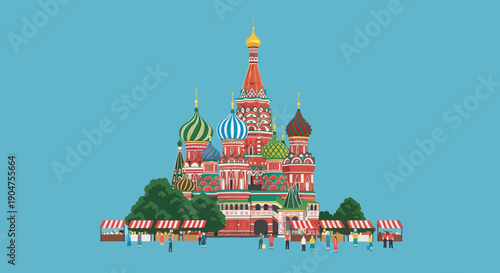 St. Basil's Cathedral, a famous architectural landmark in Moscow, Russia, depicted with bustling market stalls and a vibrant, colorful atmosphere under a clear blue sky