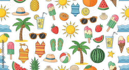 Vector seamless pattern of bright summer vacation essentials including cartoon palm trees, popsicles, swimsuits, sunglasses, suns, watermelon, and tropical beach accessories on white.