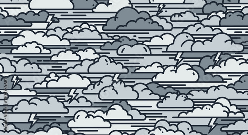 Detailed vector seamless pattern featuring stylized storm clouds, cumulonimbus formations, and interspersed lightning bolts using a monochromatic gray color scheme.