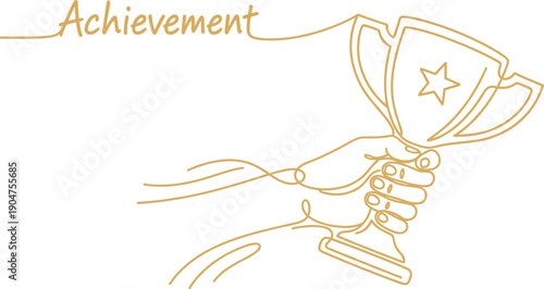 Single gold continuous line drawing of a hand holding a winner trophy for business success achievement competition win and leadership victory.