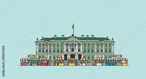 A brightly colored illustration of a grand historical building with market stalls set up in front of it, showcasing a vibrant cultural scene on a clear day