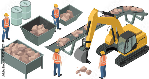 Isometric mining conveyor vector illustration with excavator, workers, stone sorting, material handling system, heavy machinery, industrial processing workflow concept