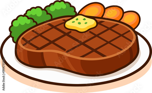 Cute flat grilled steak on plate with butter and vegetables vector illustration isolated on white background.
