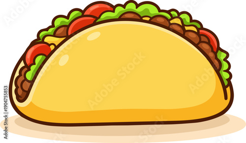 Cute flat taco with filling mexican food vector illustration isolated on white background.