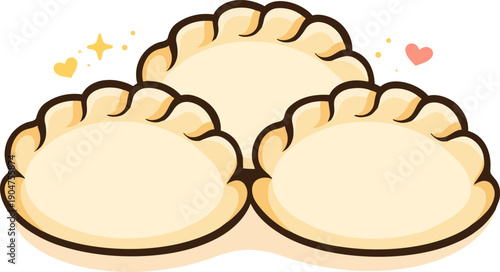 Cute flat set of three gyoza dumplings vector illustration isolated on white background.