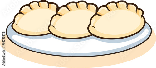 Cute flat gyoza dumplings arranged in a row on plate vector illustration isolated on white background.