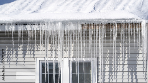 winter house with icicle and snow on the roof