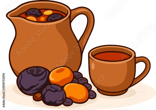 Cute flat compote drink with dried fruits in jug and cup vector illustration isolated on white background.