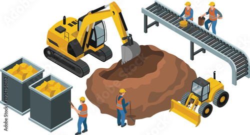 Isometric mining production vector illustration with excavator, conveyor belt, workers, soil excavation, heavy machinery, material handling, industrial processing workflow concept