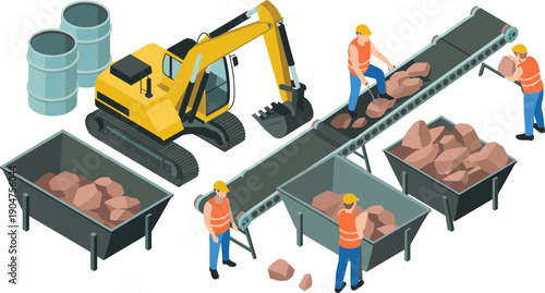Isometric mining production vector illustration with excavator, conveyor belt, workers, stone processing, material handling, heavy machinery, industrial workflow concept