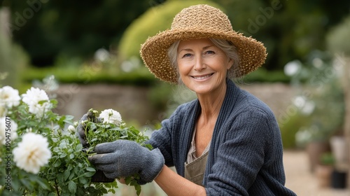 Senior woman gardening, trimming roses in her garden, wearing gardening gloves, enjoying the outdoors, springtime activity.