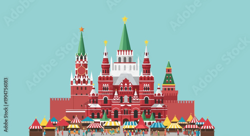 Iconic Red Square and Kremlin in Moscow, Russia, depicted as a vibrant, colorful illustration with bustling market stalls, symbolizing a cultural landmark and festive atmosphere