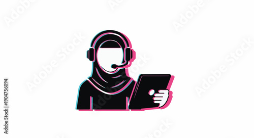 Glitch effect icon of a Muslim woman in hijab, wearing a headset and using a tablet. Ideal for online customer service, remote work, virtual support, and e-learning.