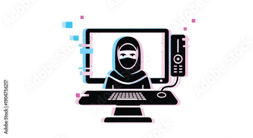 Digital Identity of a Muslim Woman on a Computer Screen with Glitch Art, Symbolizing Remote Work, Online Communication, and Technology