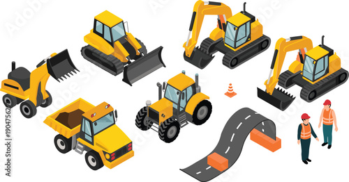 Isometric road construction machinery set with excavators bulldozer dump truck tractor workers asphalt paving for infrastructure development vector illustration design