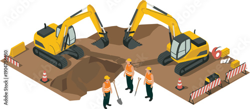 Isometric road construction vector illustration with two excavators, workers, safety barriers, trench digging, heavy machinery, earthmoving, infrastructure development concept