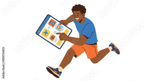 Young Boy Running with Tablet in Hand.