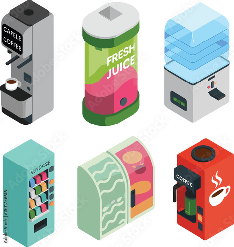 Isometric vending and beverage machines set including coffee juice water snack dispensers for office cafeteria service vector illustration
