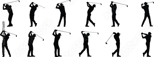 Set of golfer silhouette figures performing full golf swing motions black vector sports collection isolated on white