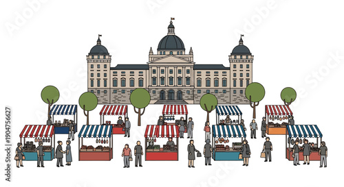 Festive outdoor market scene with diverse stalls and shoppers gathered in front of a grand historical building, illustrating a vibrant community event and local commerce