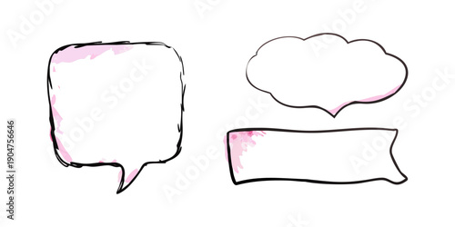 Three distinct speech bubbles with unique shapes and subtle pink accents. Vector