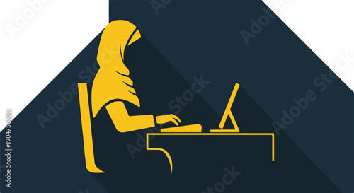 Flat design icon of a Muslim woman in hijab working on a computer. Represents remote work, online education, digital literacy, and modern technology.