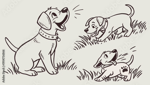 Collection of three hand drawn puppy sketches showing different playful poses and behaviors.