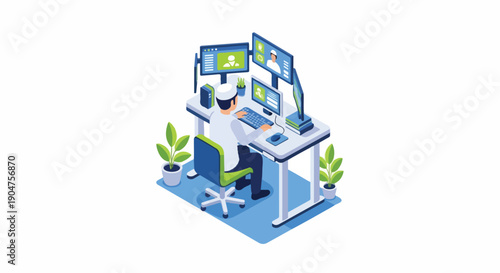 Isometric illustration of a professional working efficiently at a modern desk with multiple computer monitors, showcasing remote work productivity and digital workspace setup.